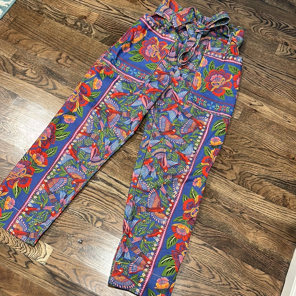 FARM Rio Macaw Print High Waist Belted Pants 100% Cotton Colorful Tropical Patte - Picture 6 of 16